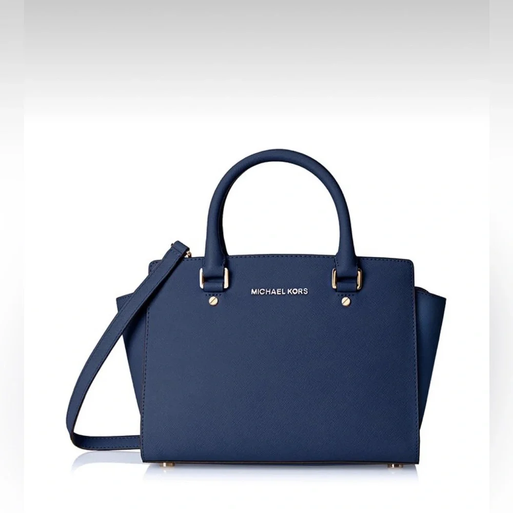 Michael Kors Selma Satchel Saffiano Leather Size LG in Navy - Picture 1 of 4